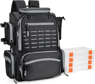 Bait Boss Fishing Tackle Backpack With Rod Holders-4 Tackle Boxes-Rain Cover 43L Large Storage for Fishing Gear Sport Bag Bags (Color: A. Black)